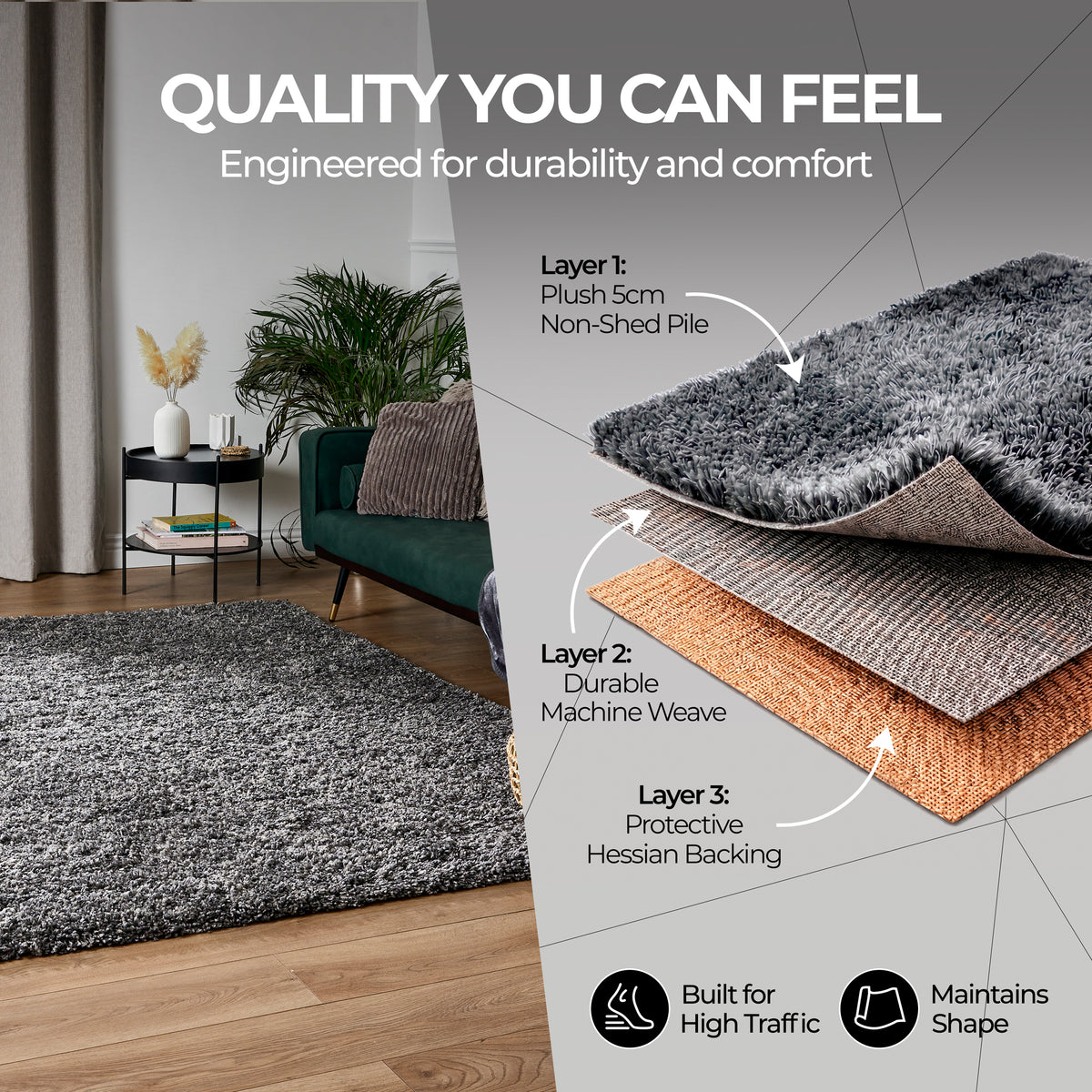 California Dark Grey Shaggy Rug, Thick 5cm Deep Pile, Rectangle, Runner and Circle Sizes, Stain Resistant