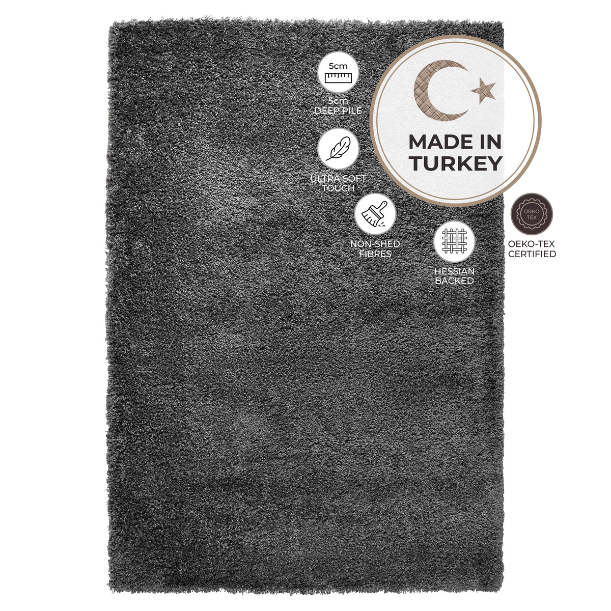 California Dark Grey Shaggy Rug, Thick 5cm Deep Pile, Rectangle, Runner and Circle Sizes, Stain Resistant