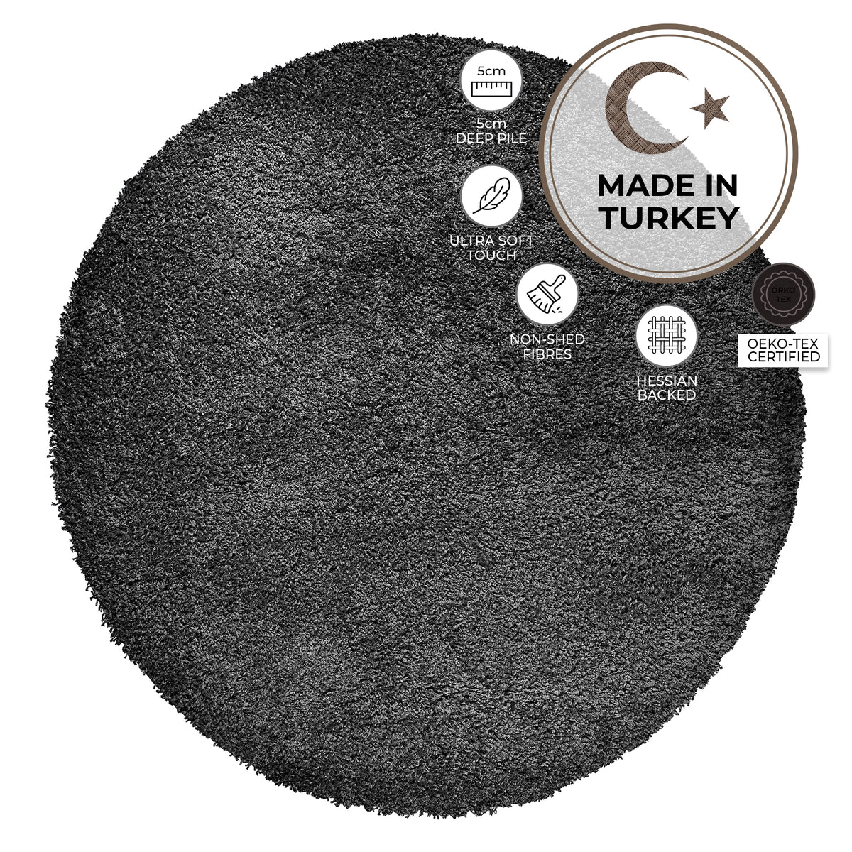 California Dark Grey Shaggy Rug, Thick 5cm Deep Pile, Rectangle, Runner and Circle Sizes, Stain Resistant