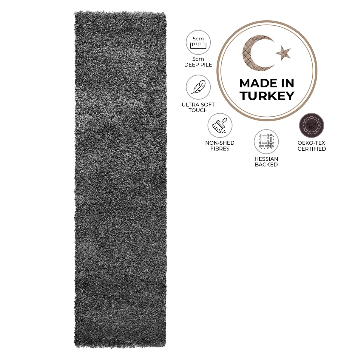 California Dark Grey Shaggy Rug, Thick 5cm Deep Pile, Rectangle, Runner and Circle Sizes, Stain Resistant