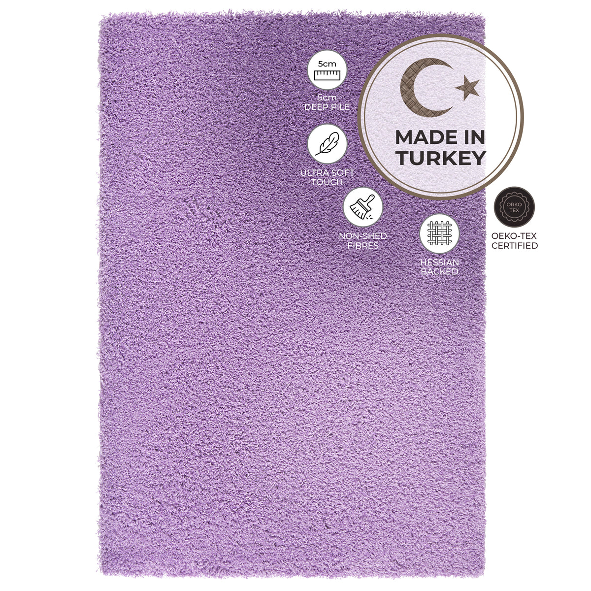 California Lilac Shaggy Rug, Thick 5cm Pile, Soft Lavender Purple Fluffy Rug, Non-Shedding, Rectangle, Runner and Round