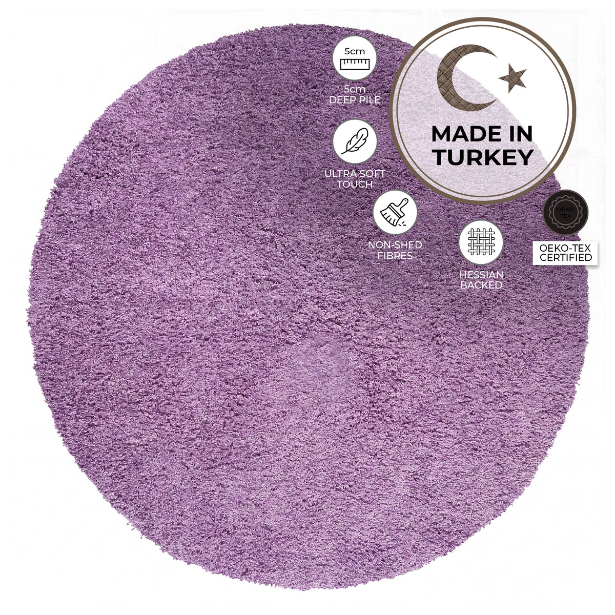 California Lilac Shaggy Rug, Thick 5cm Pile, Soft Lavender Purple Fluffy Rug, Non-Shedding, Rectangle, Runner and Round