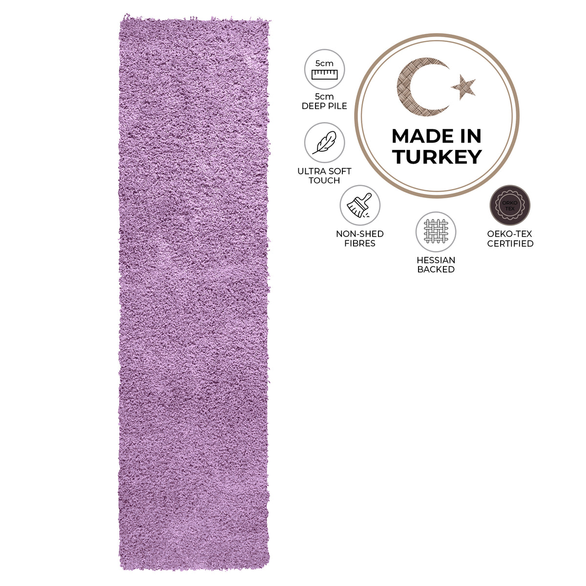 California Lilac Shaggy Rug, Thick 5cm Pile, Soft Lavender Purple Fluffy Rug, Non-Shedding, Rectangle, Runner and Round