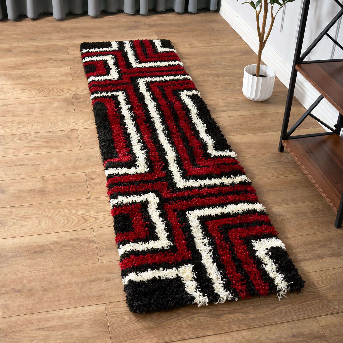 California Red Tides Shaggy Rug, Thick 5cm Deep Pile Geometric Rug for Living Room and Bedroom, Non-Shedding