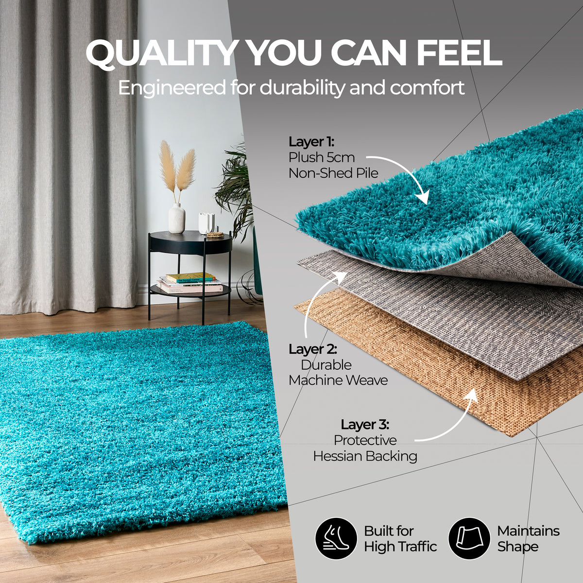 Teal Blue Thick Shaggy Rug - California