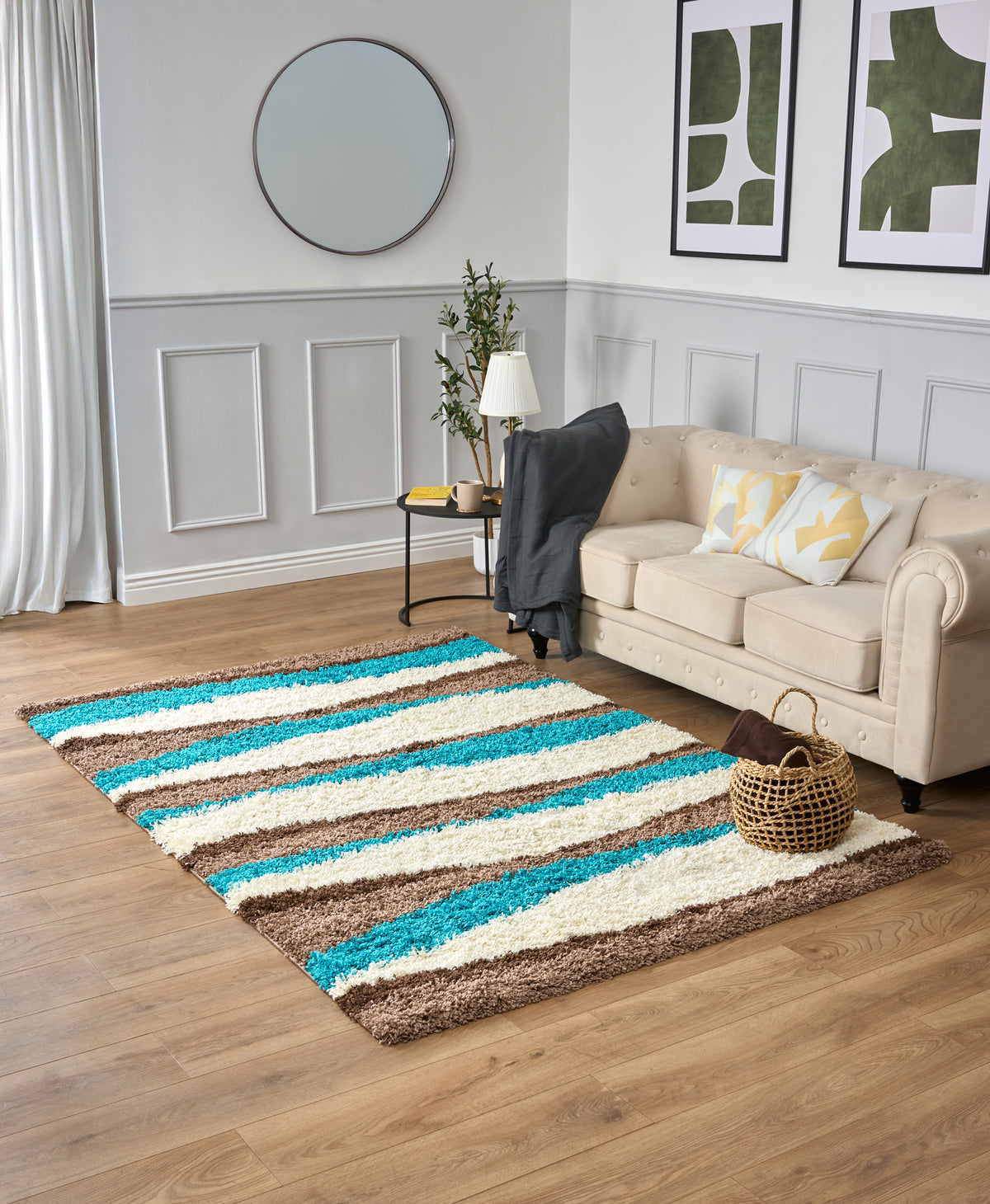 California Teal Waves Geometric Shaggy Rug, Thick 5cm Deep Pile, Rectangle and Runner Sizes, Stain Resistant