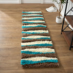 California Teal Waves Geometric Shaggy Rug, Thick 5cm Deep Pile, Rectangle and Runner Sizes, Stain Resistant