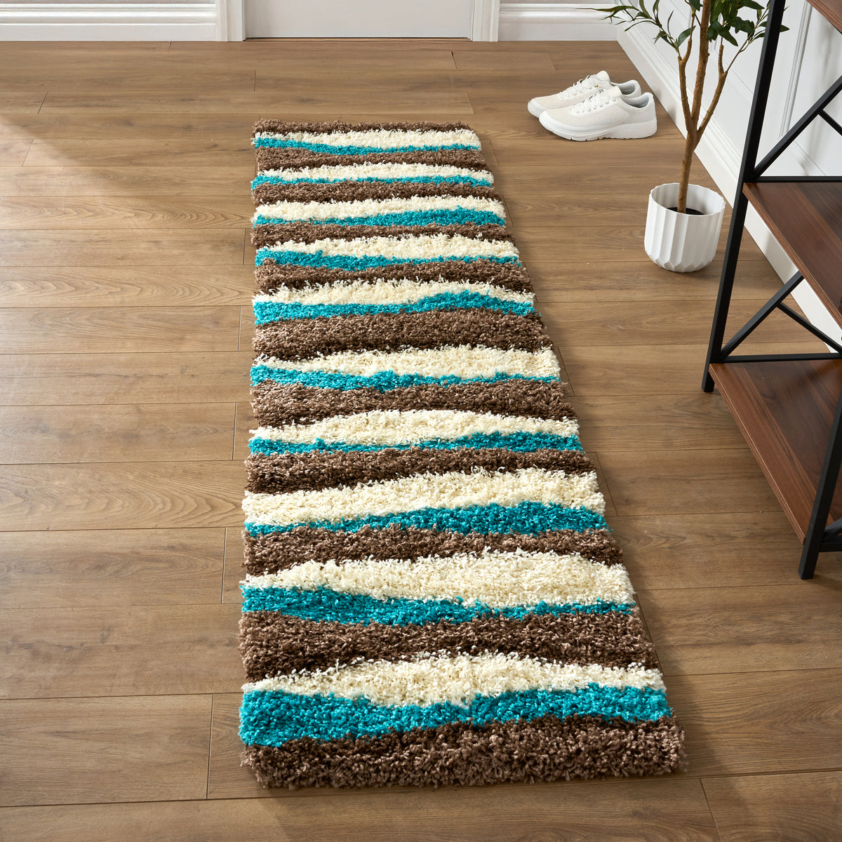 California Teal Waves Geometric Shaggy Rug, Thick 5cm Deep Pile, Rectangle and Runner Sizes, Stain Resistant