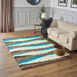 California Teal Waves Geometric Shaggy Rug, Thick 5cm Deep Pile, Rectangle and Runner Sizes, Stain Resistant