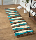 California Teal Waves Geometric Shaggy Rug, Thick 5cm Deep Pile, Rectangle and Runner Sizes, Stain Resistant