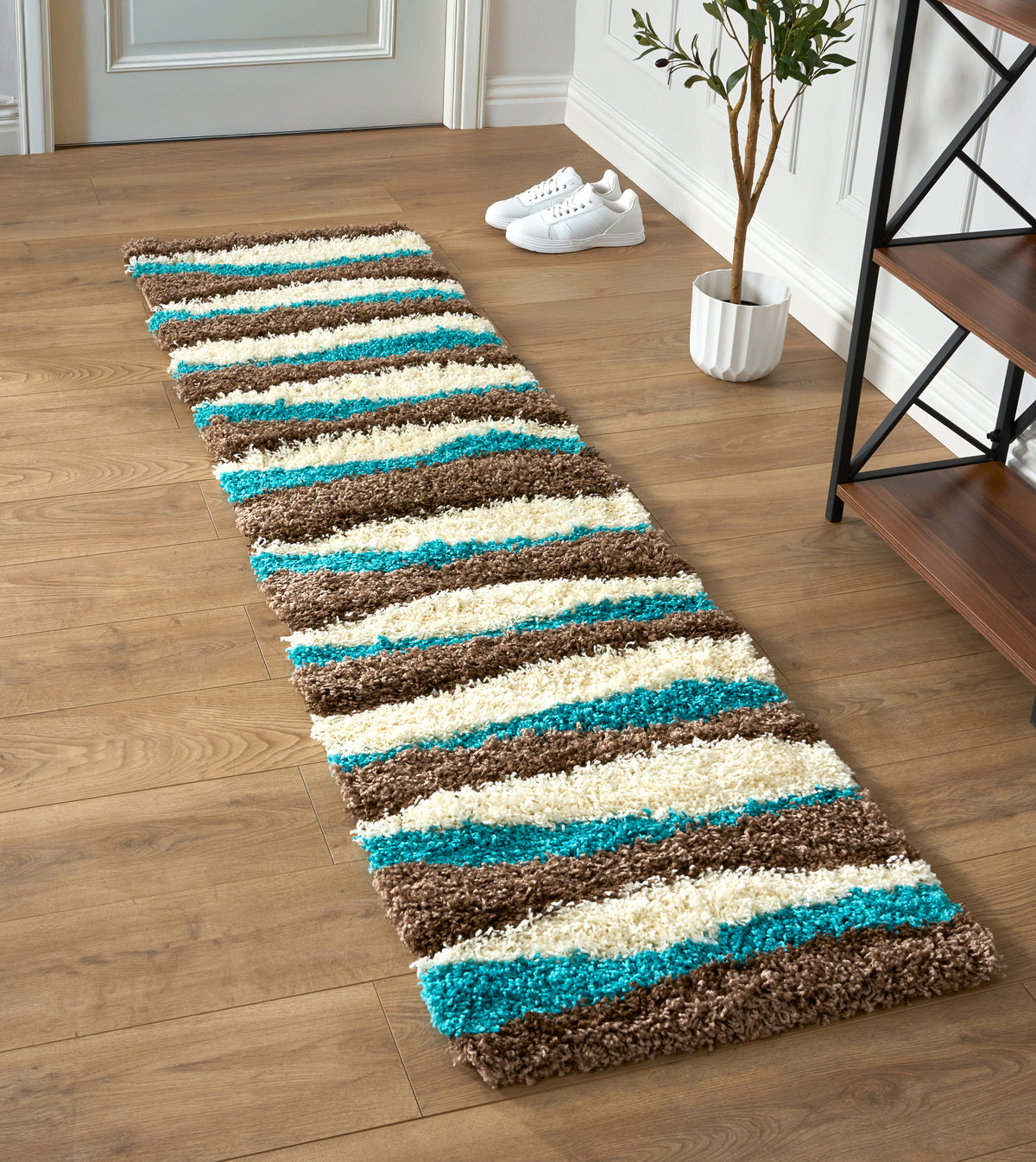 California Teal Waves Geometric Shaggy Rug, Thick 5cm Deep Pile, Rectangle and Runner Sizes, Stain Resistant
