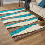 California Teal Waves Geometric Shaggy Rug, Thick 5cm Deep Pile, Rectangle and Runner Sizes, Stain Resistant