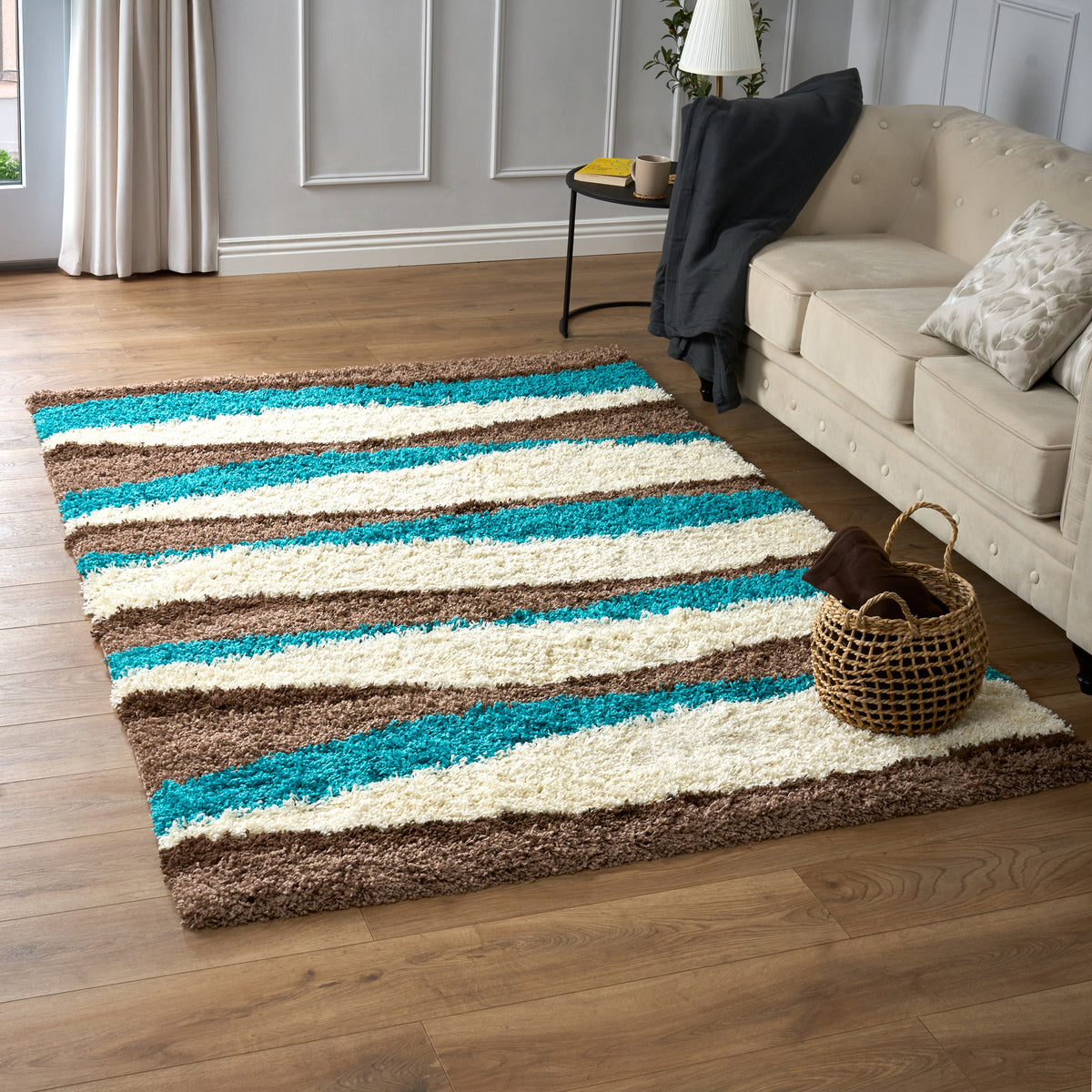 California Teal Waves Geometric Shaggy Rug, Thick 5cm Deep Pile, Rectangle and Runner Sizes, Stain Resistant