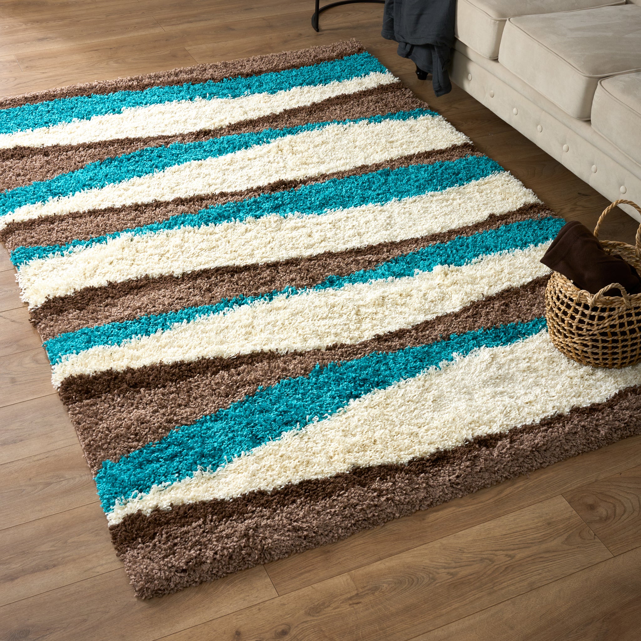 California Teal Waves Geometric Shaggy Rug, Thick 5cm Deep Pile, Rectangle and Runner Sizes, Stain Resistant