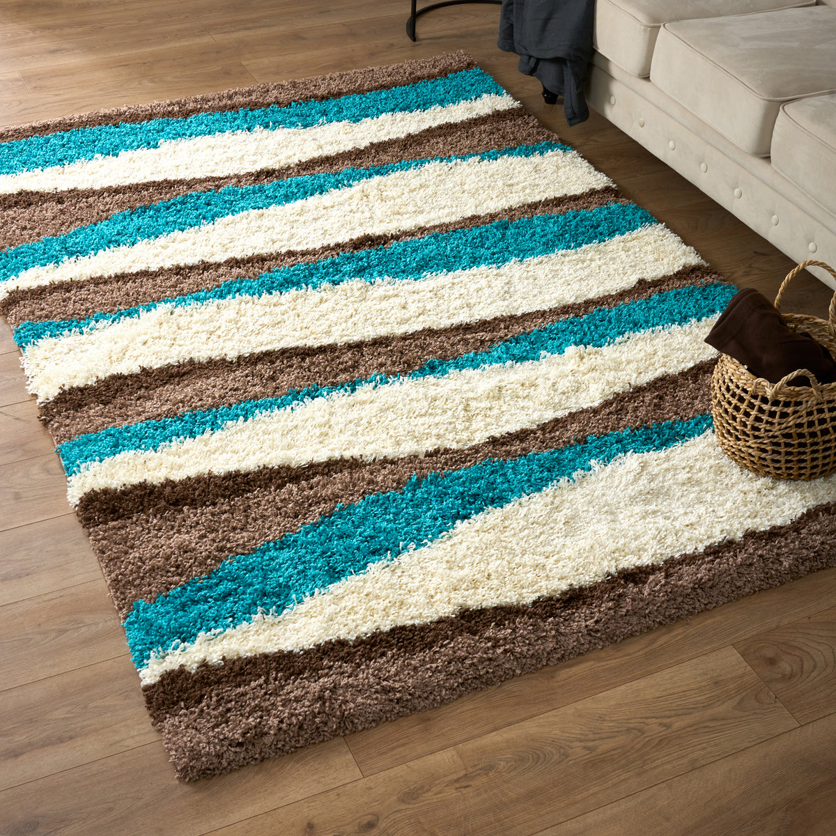 California Teal Waves Geometric Shaggy Rug, Thick 5cm Deep Pile, Rectangle and Runner Sizes, Stain Resistant