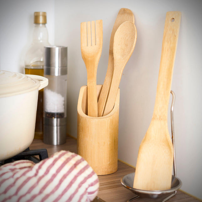 4Pcs Bamboo Essentials Kitchen Cooking Utensils With Utensils Holder-5056536103543-Bargainia.com