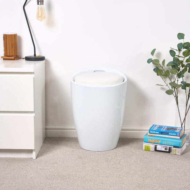 Storage Ottoman Stool With Faux Leather Seat - White-5056150223955-Bargainia.com