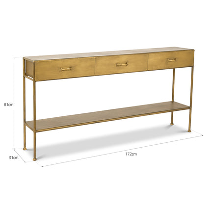 Gold Metal Sideboard Table with 3 Drawers - 172cm