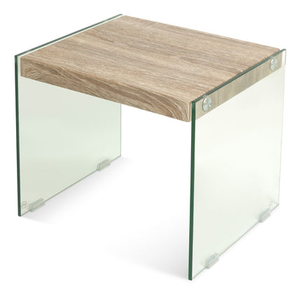 Modern Glass Side Table with Wood Finish Top 40cm