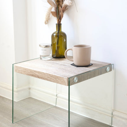 Modern Glass Side Table with Wood Finish Top 40cm