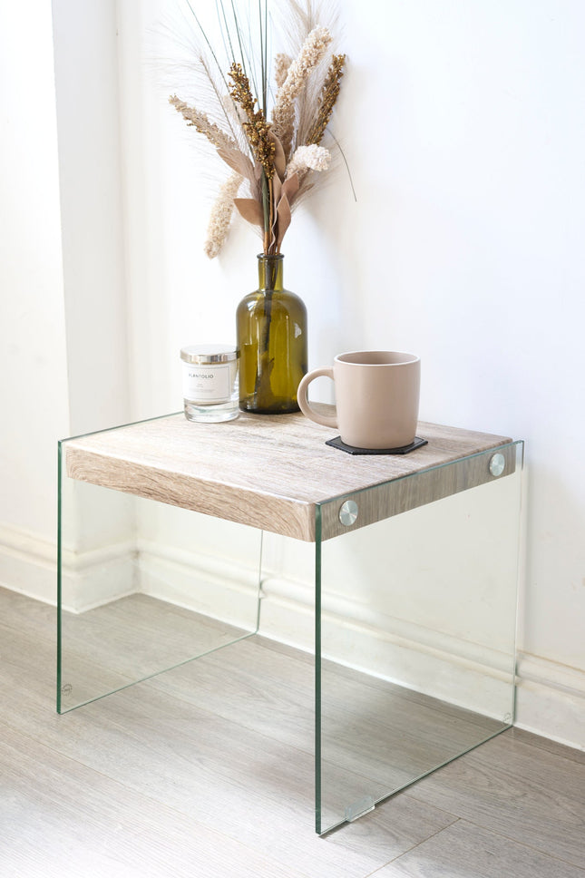 Modern Glass Side Table with Wood Finish Top 40cm