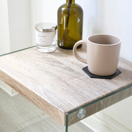 Modern Glass Side Table with Wood Finish Top 40cm