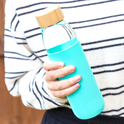 Glass Water Bottle with Bamboo Lid & Coloured Silicone Sleeve 540ml Assorted Colours-Bargainia.com