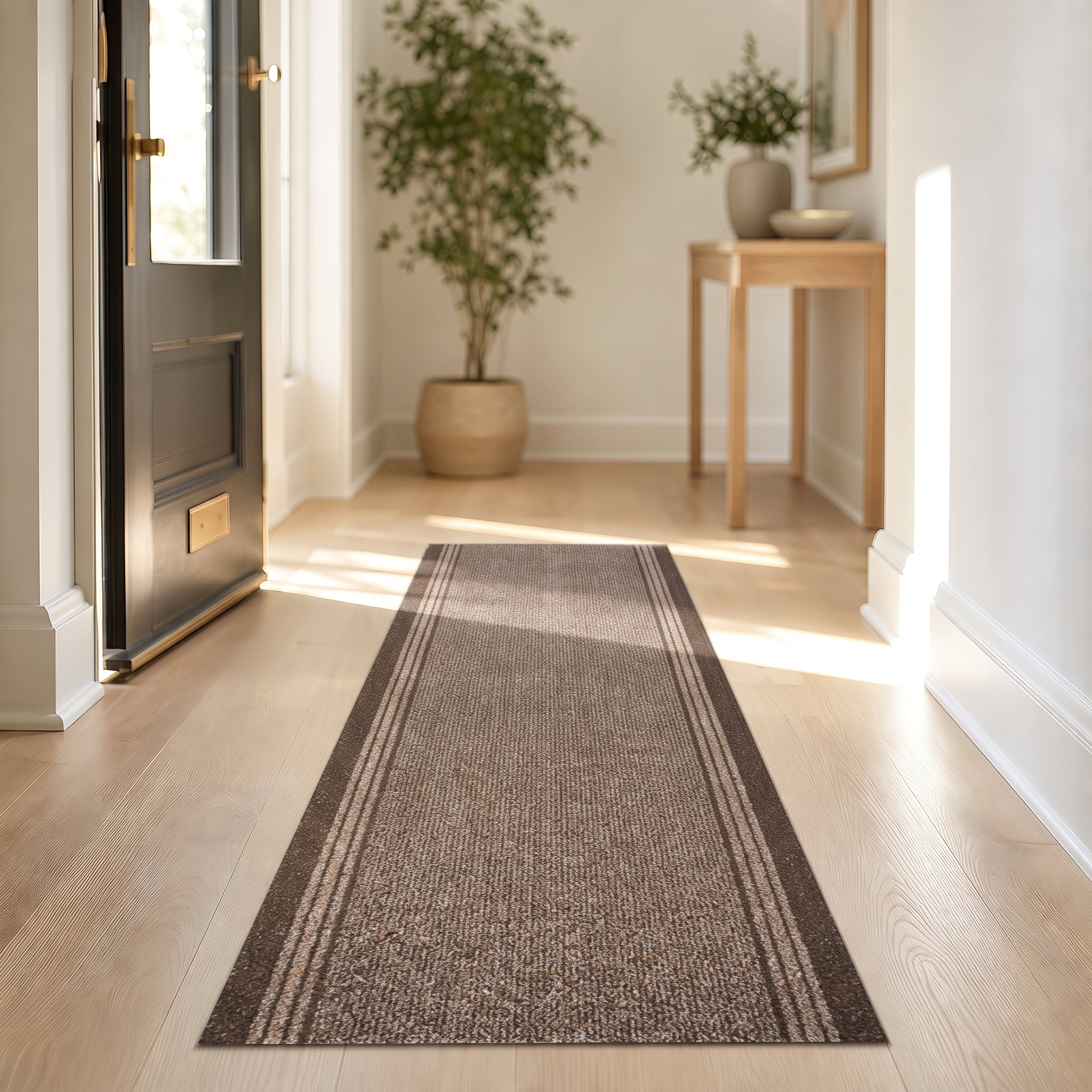 Sydney Brown Hallway Runner, Kitchen Mat, Non-Slip Rubber Backed Stair Runner, 66cm Wide, Washable, Lengths up to 30ft