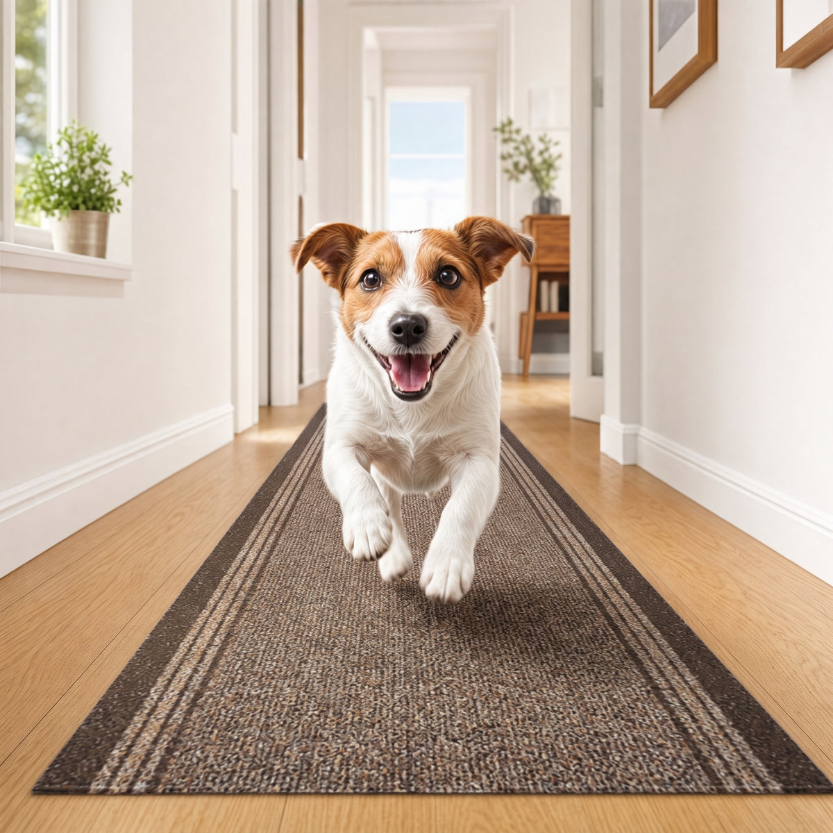 Sydney Brown Hallway Runner, Kitchen Mat, Non-Slip Rubber Backed Stair Runner, 66cm Wide, Washable, Lengths up to 30ft