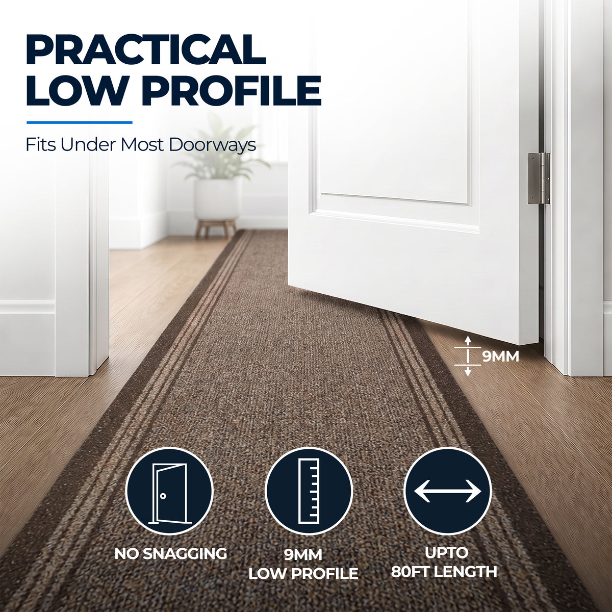 Sydney Brown Hallway Runner, Kitchen Mat, Non-Slip Rubber Backed Stair Runner, 66cm Wide, Washable, Lengths up to 30ft