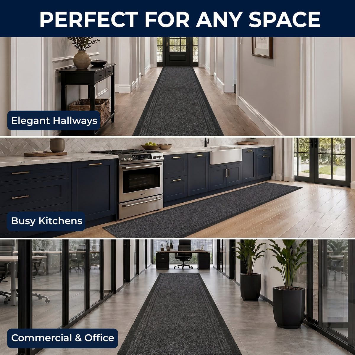 Sydney Charcoal Grey Hallway Runner, Non-Slip Rubber Backed Stair Runner and Kitchen Mat, Washable, 66cm Wide