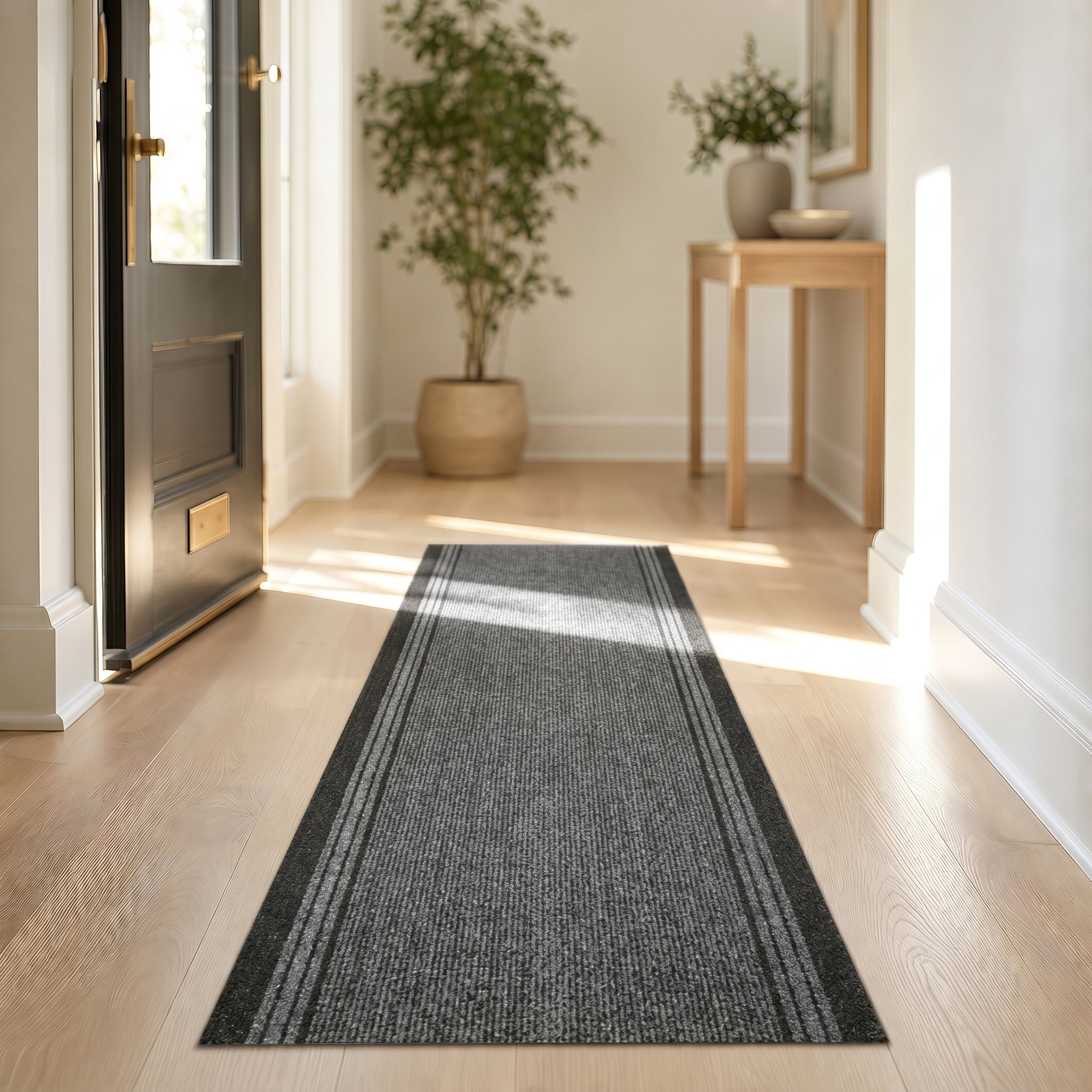 Sydney Grey Stair Runner and Kitchen Mat with Dark Border, Non-Slip Gel Backed Hallway Runner, 66cm Wide, Custom Length