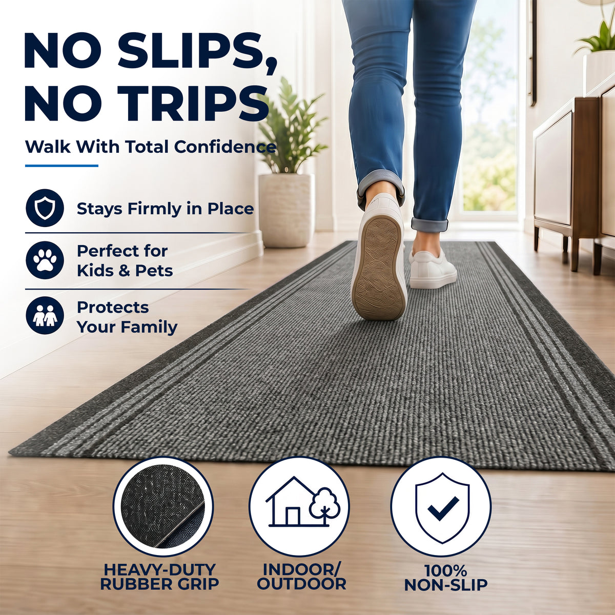 Sydney Grey Stair Runner and Kitchen Mat with Dark Border, Non-Slip Gel Backed Hallway Runner, 66cm Wide, Custom Length