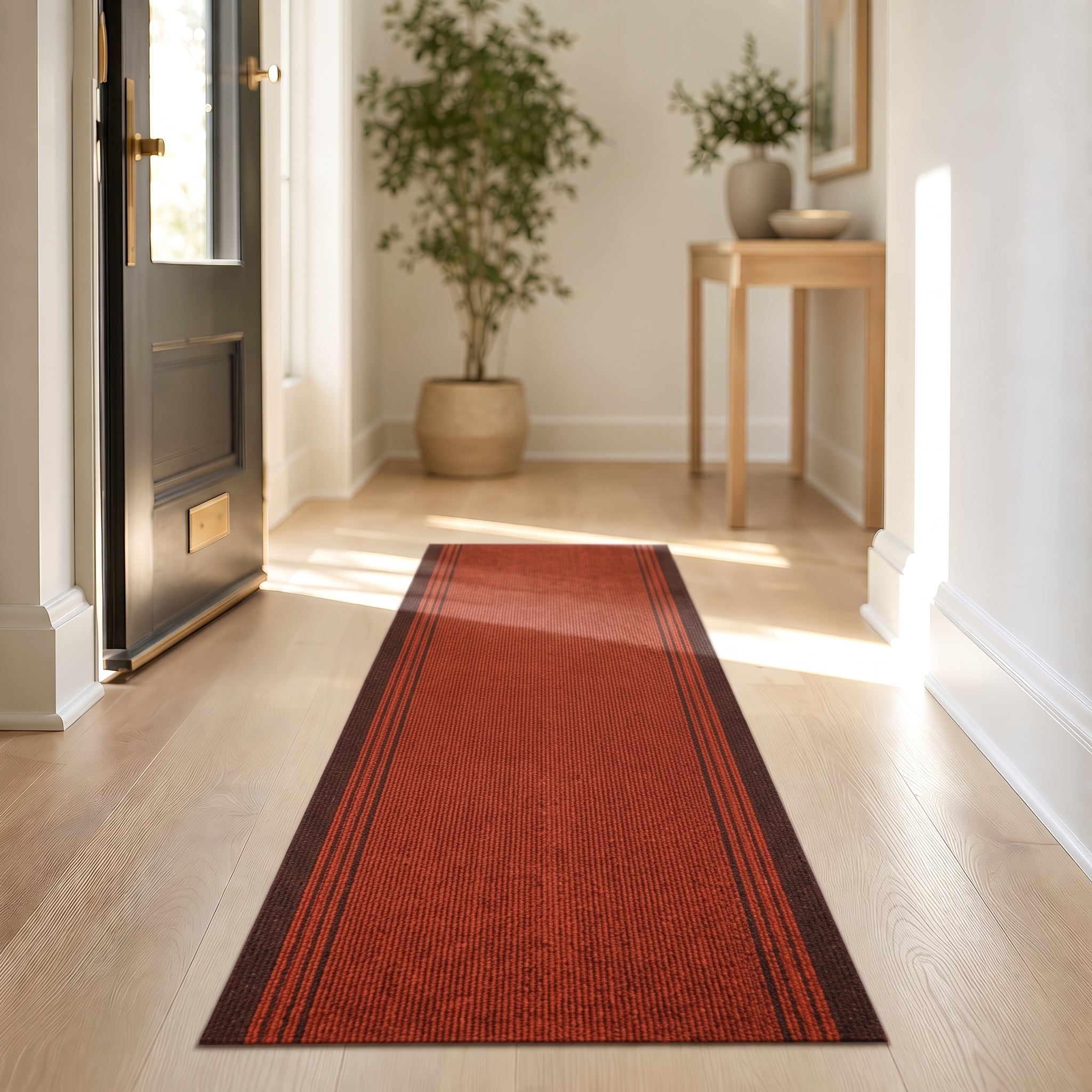 Sydney Red Stair Runner and Kitchen Mat, Non-Slip Gel Backed Hallway Runner with Dark Border, 66cm Wide, Custom Lengths