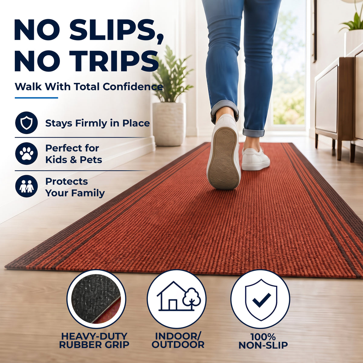 Sydney Red Stair Runner and Kitchen Mat, Non-Slip Gel Backed Hallway Runner with Dark Border, 66cm Wide, Custom Lengths