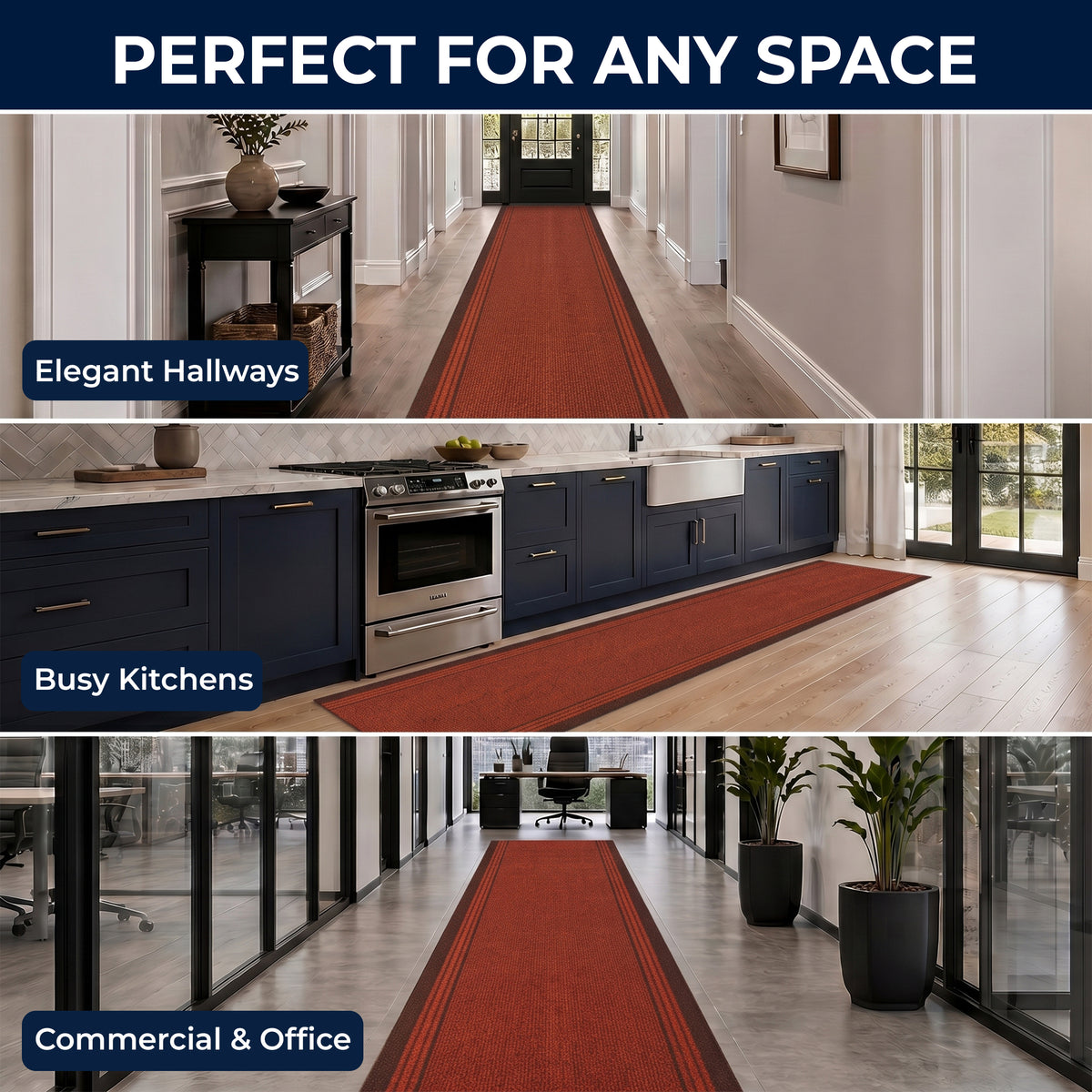 Sydney Red Stair Runner and Kitchen Mat, Non-Slip Gel Backed Hallway Runner with Dark Border, 66cm Wide, Custom Lengths