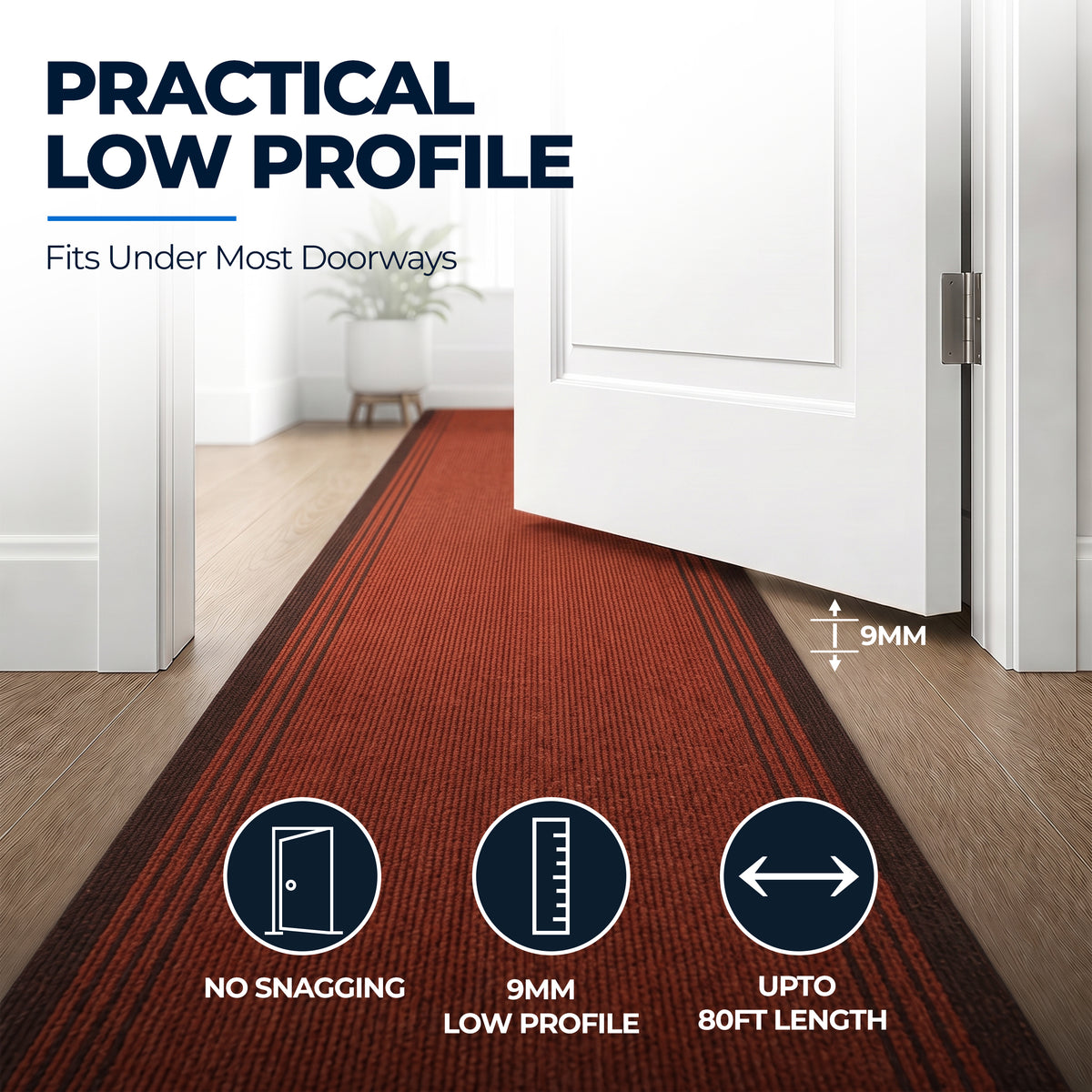 Sydney Red Stair Runner and Kitchen Mat, Non-Slip Gel Backed Hallway Runner with Dark Border, 66cm Wide, Custom Lengths