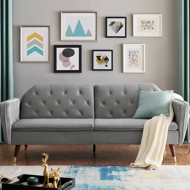 Victoria 3 Seater Velvet Click Clack Sofa Bed - Grey-5056150263654-Bargainia.com