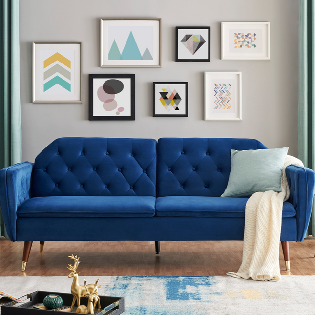 Victoria 3 Seater Velvet Click Clack Sofa Bed - Blue-5056150263630-Bargainia.com