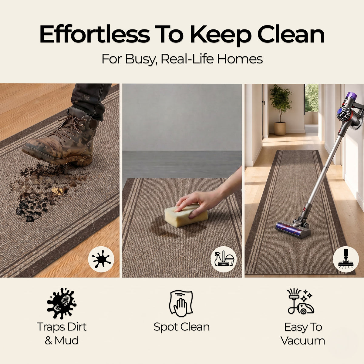 Sydney Brown Hallway Runner, Kitchen Mat, Non-Slip Rubber Backed Stair Runner, 66cm Wide, Washable, Lengths up to 30ft