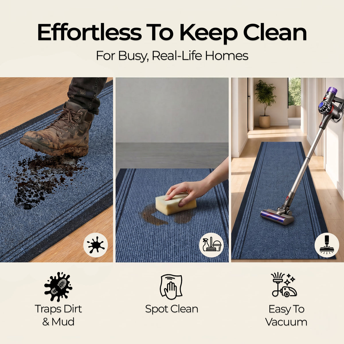 Sydney Blue Hallway Runner and Kitchen Mat, Non-Slip Rubber Backed Stair Runner, 66cm Wide, Washable, Lengths up to 30ft