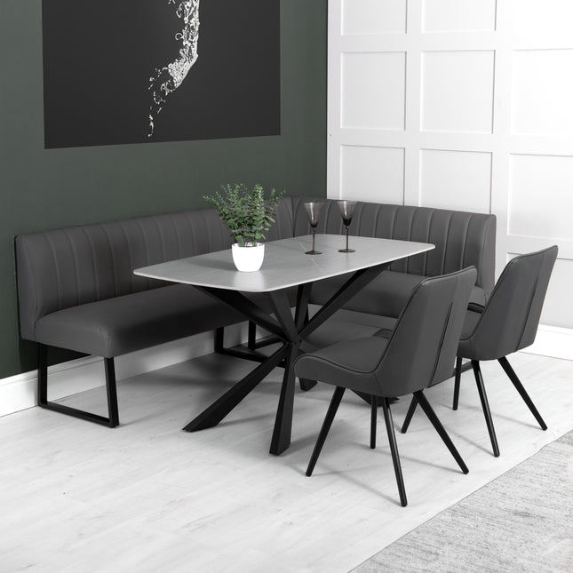 1.4m Grey Dining Table, Right Hand Corner Bench & 2 Chairs
