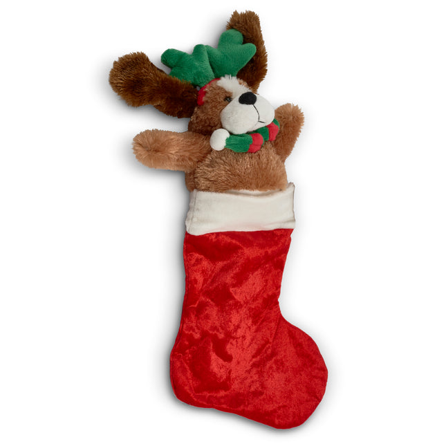 Christmas Musical Animated Plush Stocking - Reindeer Dog-Bargainia.com