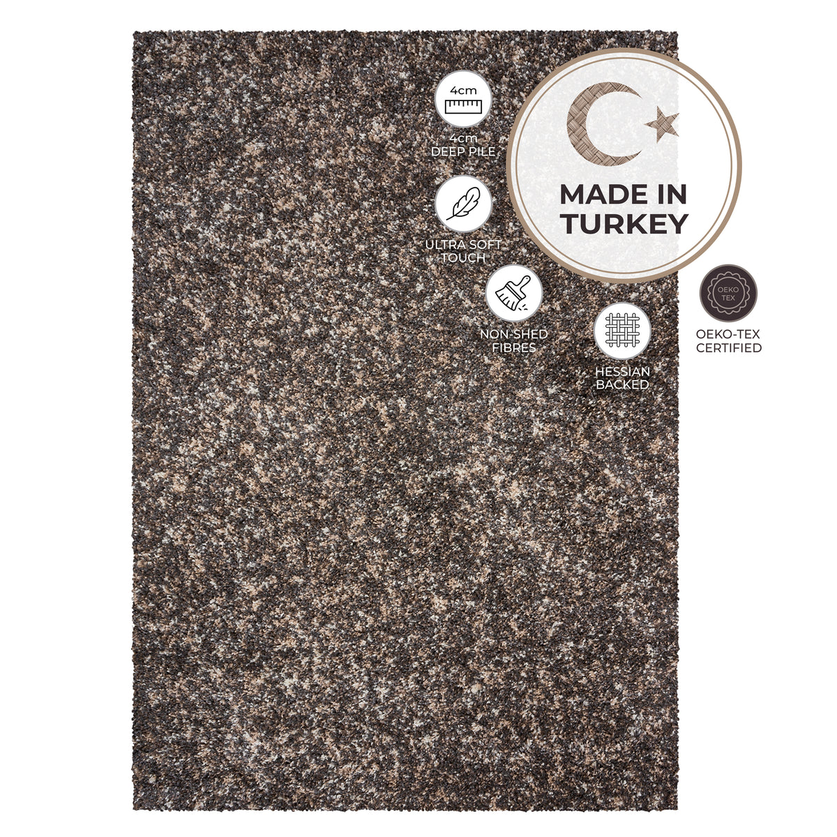 Enjoy Taupe Mottled Shaggy Rug, Taupe and Grey Blend, Thick Deep Pile Rug for Living Room and Bedroom, Non-Shedding