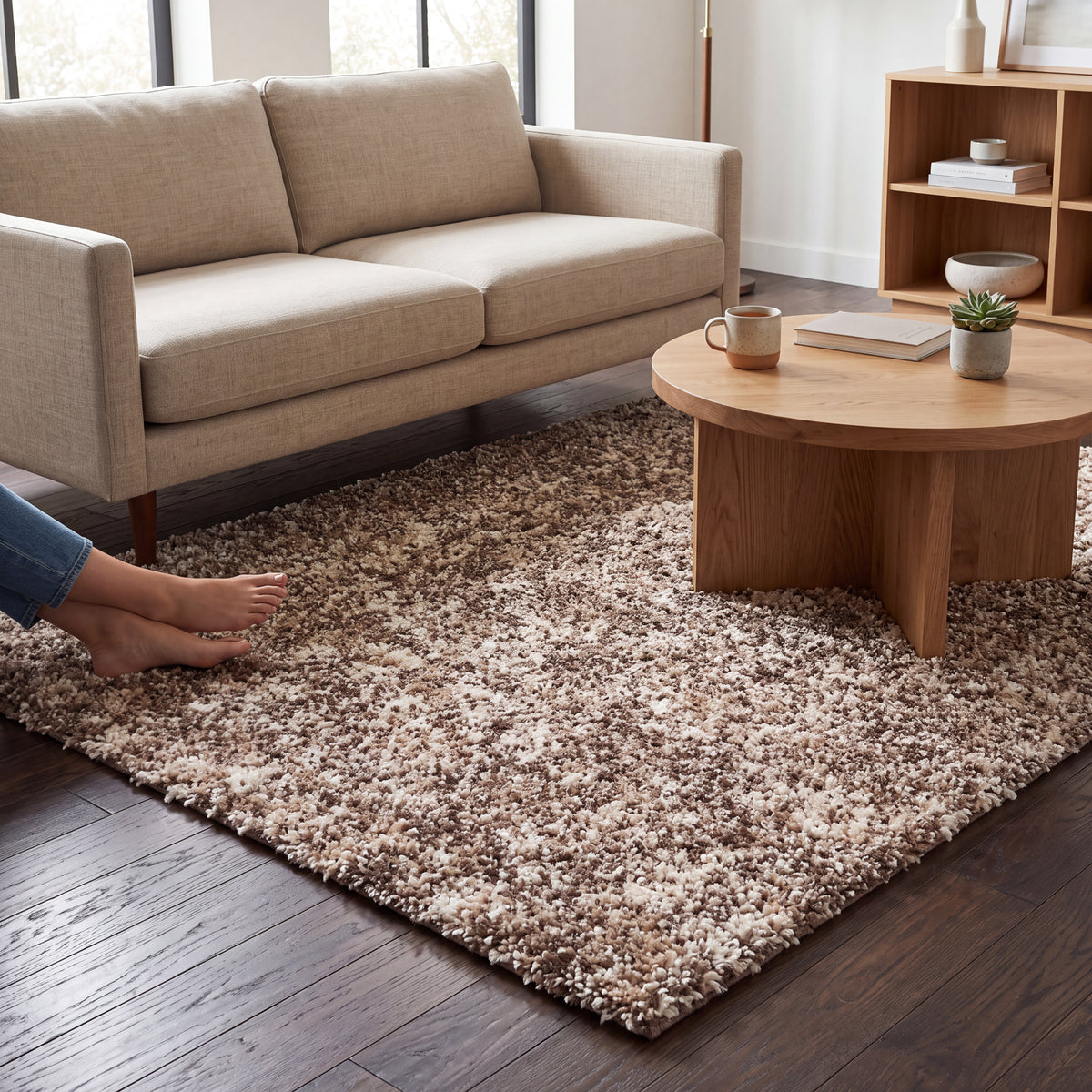 Enjoy Beige Mottled Shaggy Rug, Taupe and Beige Blend, Thick Deep Pile Rug for Living Room and Bedroom, Non-Shedding