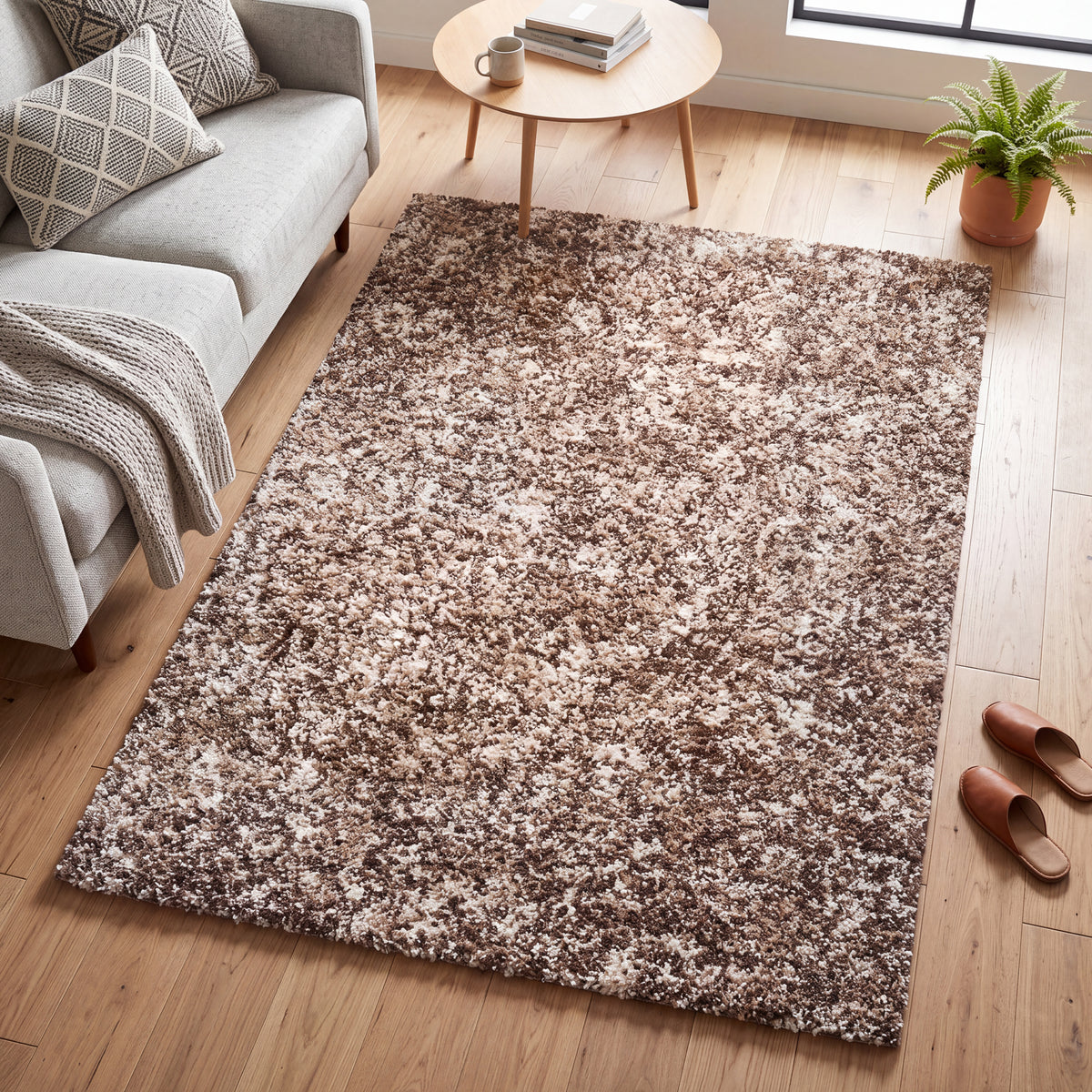 Enjoy Beige Mottled Shaggy Rug, Taupe and Beige Blend, Thick Deep Pile Rug for Living Room and Bedroom, Non-Shedding