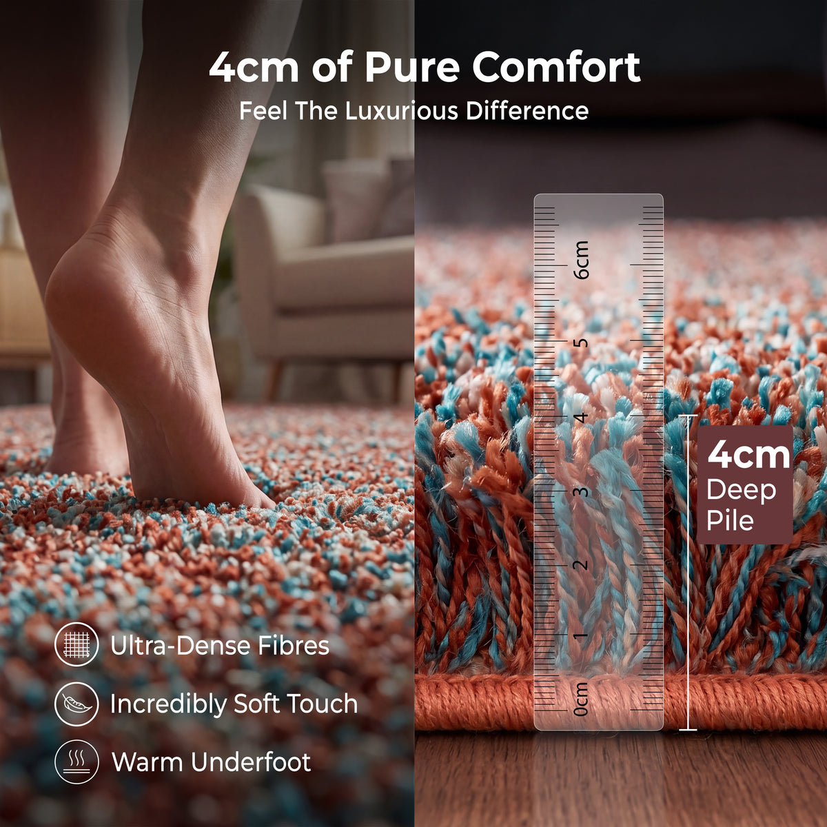 Terracotta and Teal Mottled Shaggy Rug, Thick 40mm Pile, Non-Shed Polypropylene, Underfloor Heating Safe, Enjoy