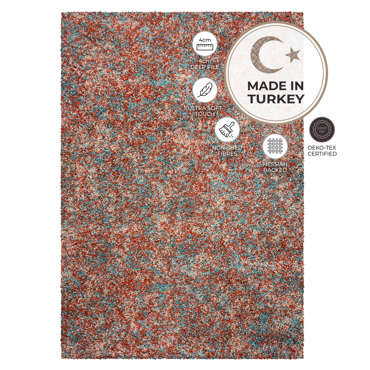 Terracotta and Teal Mottled Shaggy Rug, Thick 40mm Pile, Non-Shed Polypropylene, Underfloor Heating Safe, Enjoy