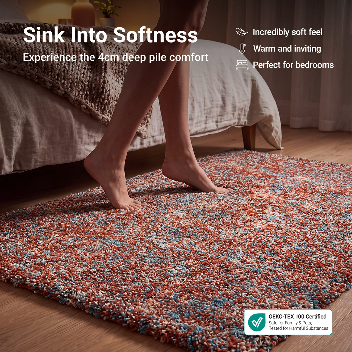 Terracotta and Teal Mottled Shaggy Rug, Thick 40mm Pile, Non-Shed Polypropylene, Underfloor Heating Safe, Enjoy