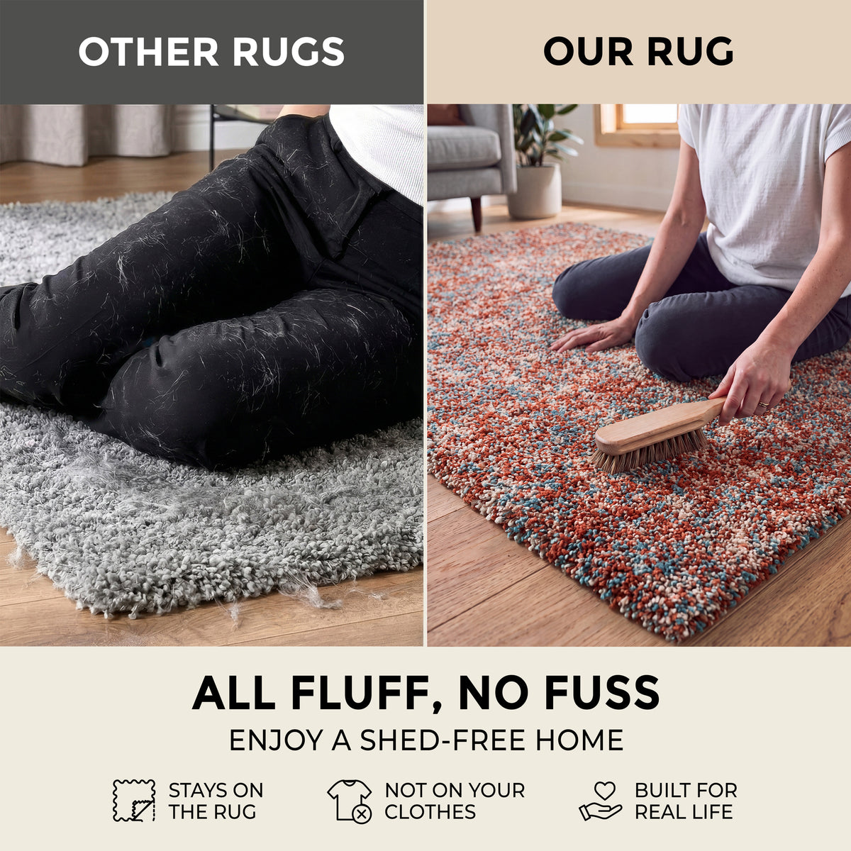 Terracotta and Teal Mottled Shaggy Rug, Thick 40mm Pile, Non-Shed Polypropylene, Underfloor Heating Safe, Enjoy